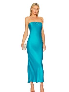 Sndys Strapless Satin Maxi Dress in Bright Blue